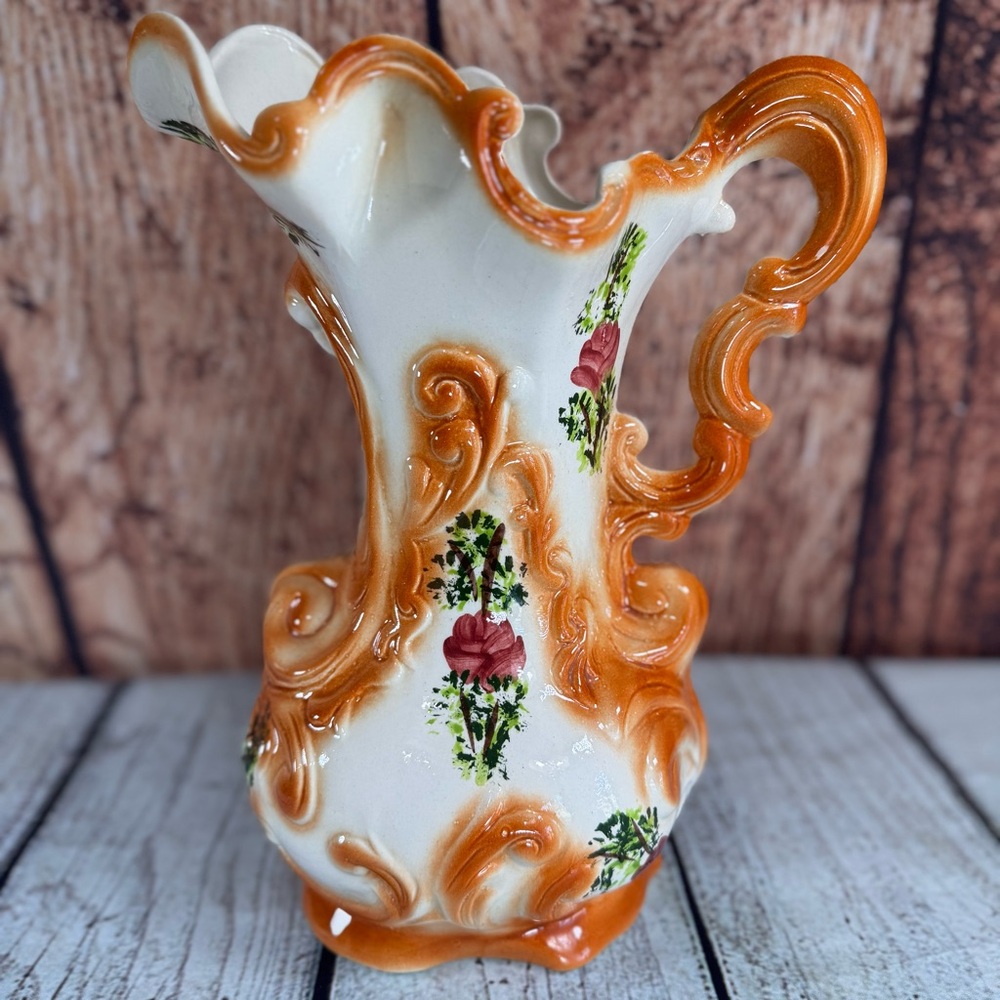 Vintage Ceramex Del Norte 12" Ornate Ceramic Pitcher Vase Baroque Floral